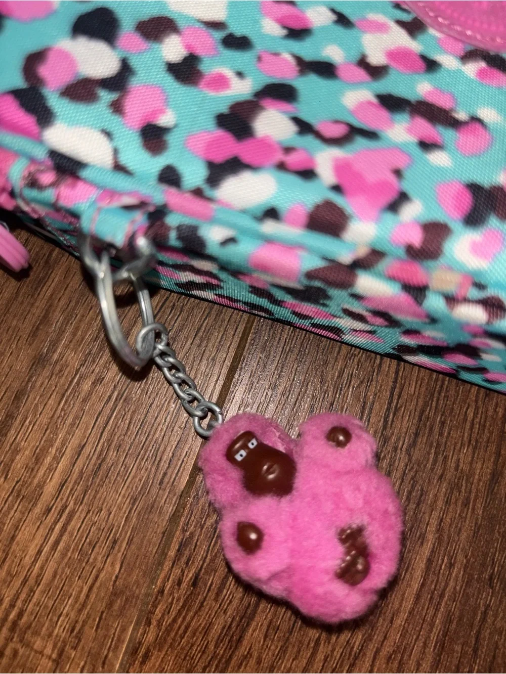 Kipling Pink & Aqua Patterned Makeup Bag or Pencil Case with Charm Keychain